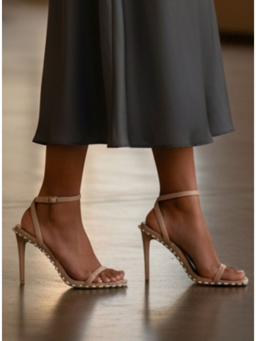 Nude Stiletto Heels With Pearl Embellishments & Adjustable Ankle Strap